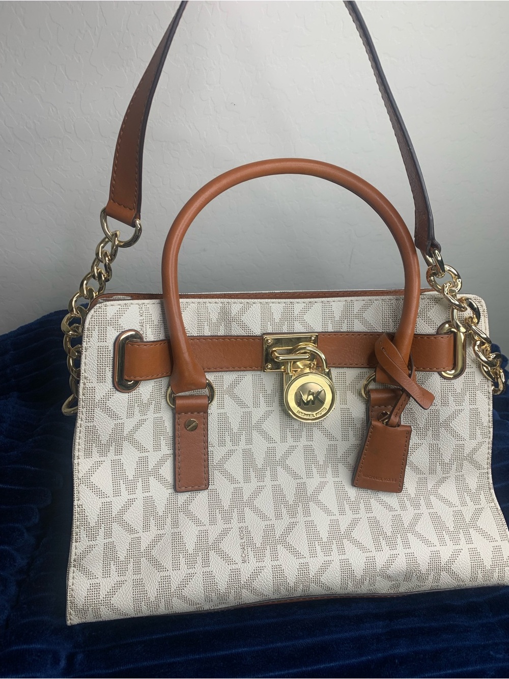 Michael Kors Cream & Brown Signature Logo Satchel with Gold Hardware